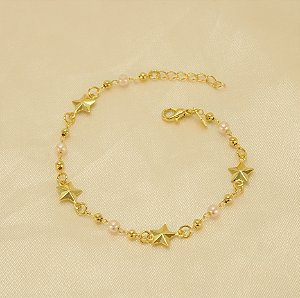 Pulseira com Pérola e Estrelas Folheado a Ouro 18k