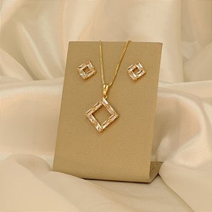 Conjunto Quadrado com Zircônia Cristal Folheado a Ouro 18k