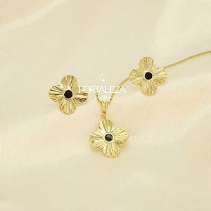 Conjunto de Flor Plissado Banhado a Ouro 18k