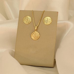 Conjunto Oração de São Bento Banhado a Ouro 18k