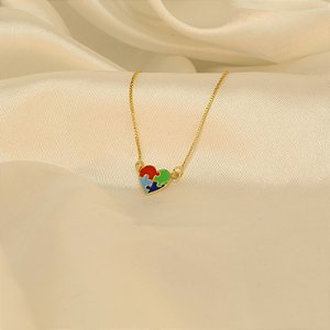 Gargantilha de Coração Símbolo Autismo Banhado a Ouro 18k