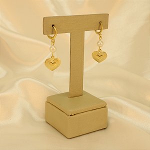 Brinco Argola Coração e Pérola Banhado a Ouro 18k