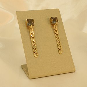 Brinco com Elos e Zircônia Quartzo Fumê Banhado a Ouro 18k