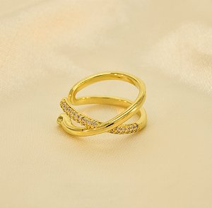 Anel com Aro Liso e Cravejado Banhado a Ouro 18k