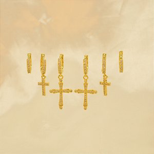 Brinco Argola em Trio de Cruz Banhado a Ouro 18k