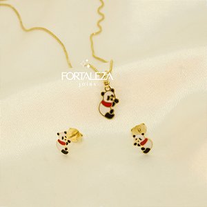 Conjunto Urso Panda em Resina Banhado a Ouro 18k