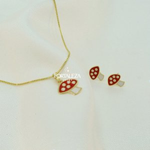 Conjunto Cogumelo Resinado Banhado em Ouro 18k
