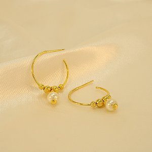 Brinco de Argola com Bolinhas e Pérola Banhado a Ouro 18k