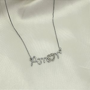 Gargantilha Escrito Amor com Zircônia Banhado a Ouro Branco