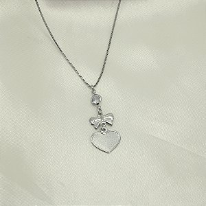 Gargantilha Coração e Laço Banhado a Ouro Branco