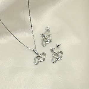 Conjunto de Corações Entrelaçados Banhado a Ouro Branco