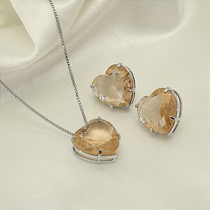 Conjunto de Coração com Zircônia Banhado a Ouro Branco