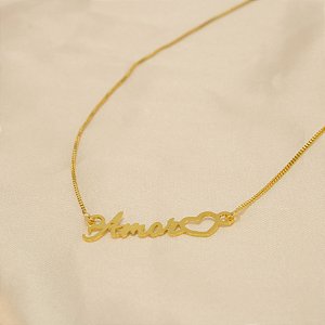 Gargantilha Escrito Amor e Coração Banhado a Ouro 18k