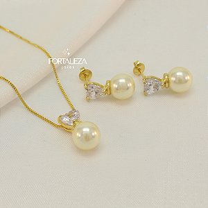 Conjunto de Coração com Pérola e Zircônia Banhado a Ouro 18k
