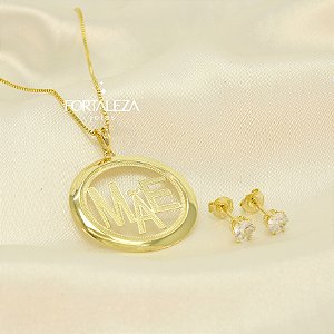 Conjunto Escrito Mãe e Ponto de Luz Banhado a Ouro 18k