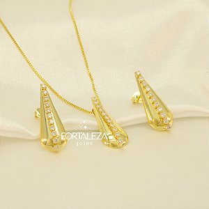 Conjunto de Gota com Detalhes em Zircônia Banhado a Ouro 18k