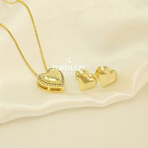 Conjunto Coração com Detalhes em Zircônia Banhado a Ouro 18k