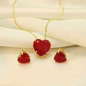 Conjunto de Coração com Zircônia Rubi Banhado a Ouro 18k