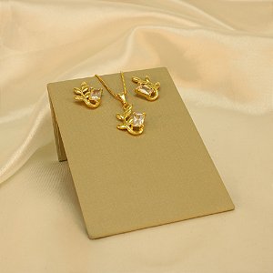 Conjunto Ramo de Folhas com Zircônia Banhado a Ouro 18k