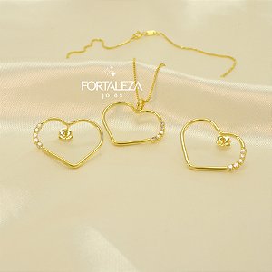Conjunto Coração com Detalhe em Zircônia Banhado a Ouro 18k