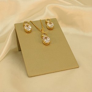Conjunto Cravejado em Zircônia Cristal Banhado a Ouro 18k