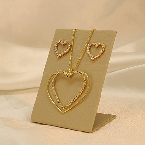 Conjunto de Coração Cravejado em Zircônia Banhado a Ouro 18k