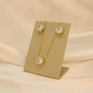 Conjunto Ponto de Luz em Zircônia Cristal Banhado a Ouro 18k