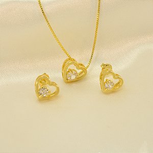 Conjunto de Coração com Zircônia Cristal Banhado a Ouro 18k