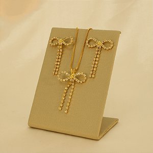 Conjunto de Laço Cravejado em Zircônia Banhado a Ouro 18k