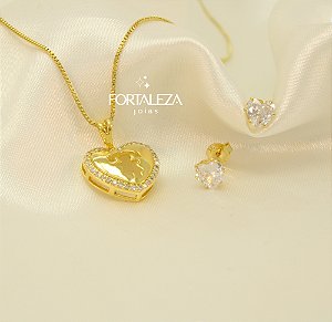 Conjunto Coração e Menina com Zircônia Banhado a Ouro 18k