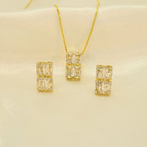 Conjunto Cravejado em Zircônia Cristal Banhado a Ouro 18k