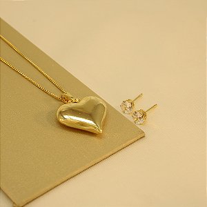 Conjunto de Coração com Zircônia Cristal Banhado a Ouro 18k