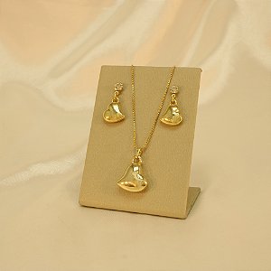 Conjunto de Coração Abaulado com Zircônia Banhado a Ouro 18k