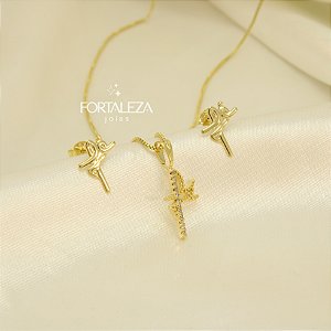 Conjunto Escrito Fé com Zircônia Cristal Banhado a Ouro 18k