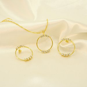 Conjunto Redondo com Zircônia Cristal Banhado a Ouro 18k