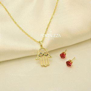 Conjunto Mão de Fátima com Zircônias Banhado a Ouro 18k