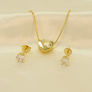 Conjunto de Coração com Zircônia Banhado a Ouro 18k
