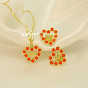 Conjunto de Coração Resinado e Banhado a Ouro 18k
