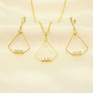 Conjunto Geométrico com Zircônia Cristal Banhado a Ouro 18k
