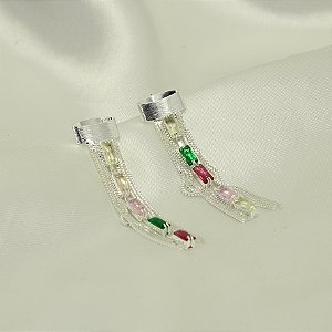 Brinco de Franja com Zircônias Banhado a Prata 925