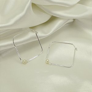 Brinco Argola Quadrado com Pérola Banhado a Prata 925