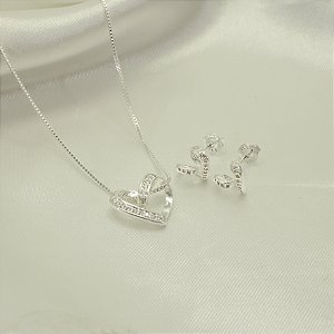 Conjunto de Coração Cravejado em Zircônia Banhado a Prata