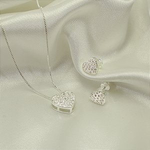 Conjunto de Coração Cravejado em Zircônia Banhado a Prata