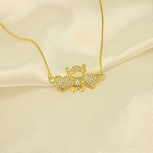 Gargantilha Menina e Coração com Zircônia Banhado a Ouro 18k