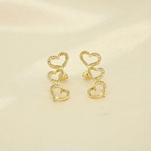 Brinco Corações com Detalhe em Zircônia Banhado a Ouro 18k