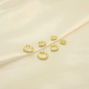 Brinco Argola em Trio Cravejado e Banhado a Ouro 18k