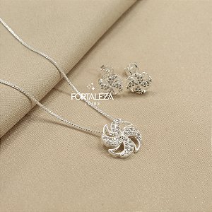 Conjunto Cata-vento Cravejado em Zircônia e Banhado a Prata