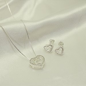Conjunto Coração Cravejado em Zircônia e Banhado a Prata