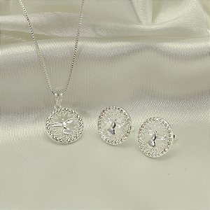 Conjunto Divino Espírito Santo com Zircônia Banhado a Prata