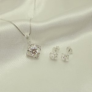 Conjunto de Flor com Zircônia Cristal Banhado a Prata